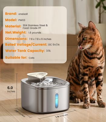 Show full view: OneIsAll PW03 Automatic Stainless Steel Cat Water Fountain, Medium: 3.5-L slide 9 of 11