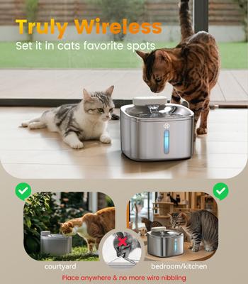 Show full view: OneIsAll PW04 Wireless Battery Operated, Cordless & Rechargeable with Motion Sensor Stainless Steel Cat Water Fountain, Medium: 3.5-L slide 2 of 10