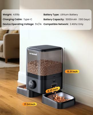 Show full view: OneIsAll PF10 Cordless WiFi Food Dispenser Smart App Control Automatic Two Cat Feeders, Medium: 20-cup slide 5 of 10