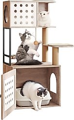 Yafylly 2-in-1 Cat Tree with Litter Box Enclosure, White/Gray, Large