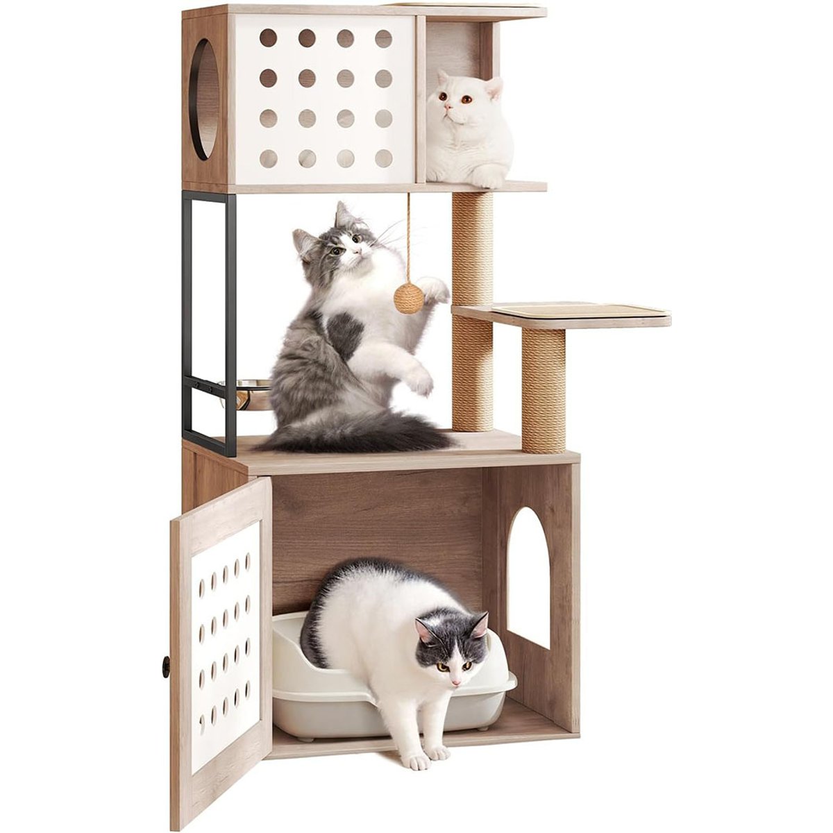Yafylly 2-in-1 Cat Tree with Litter Box Enclosure, White/Gray, Large