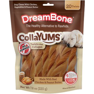 DreamBone CollaYUMS Twists Plus Collagen Chicken & Peanut Butter Flavor Rawhide Free Dog Chews, 20 count