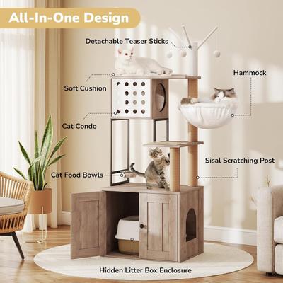 Show full view: Yafylly Cat Tree with Scratching Posts & Litter Box Enclosure, White/Gray, Large slide 9 of 9
