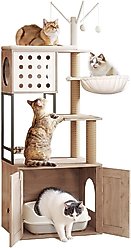Yafylly Cat Tree with Scratching Posts & Litter Box Enclosure, White/Gray, Large slide 1 of 8