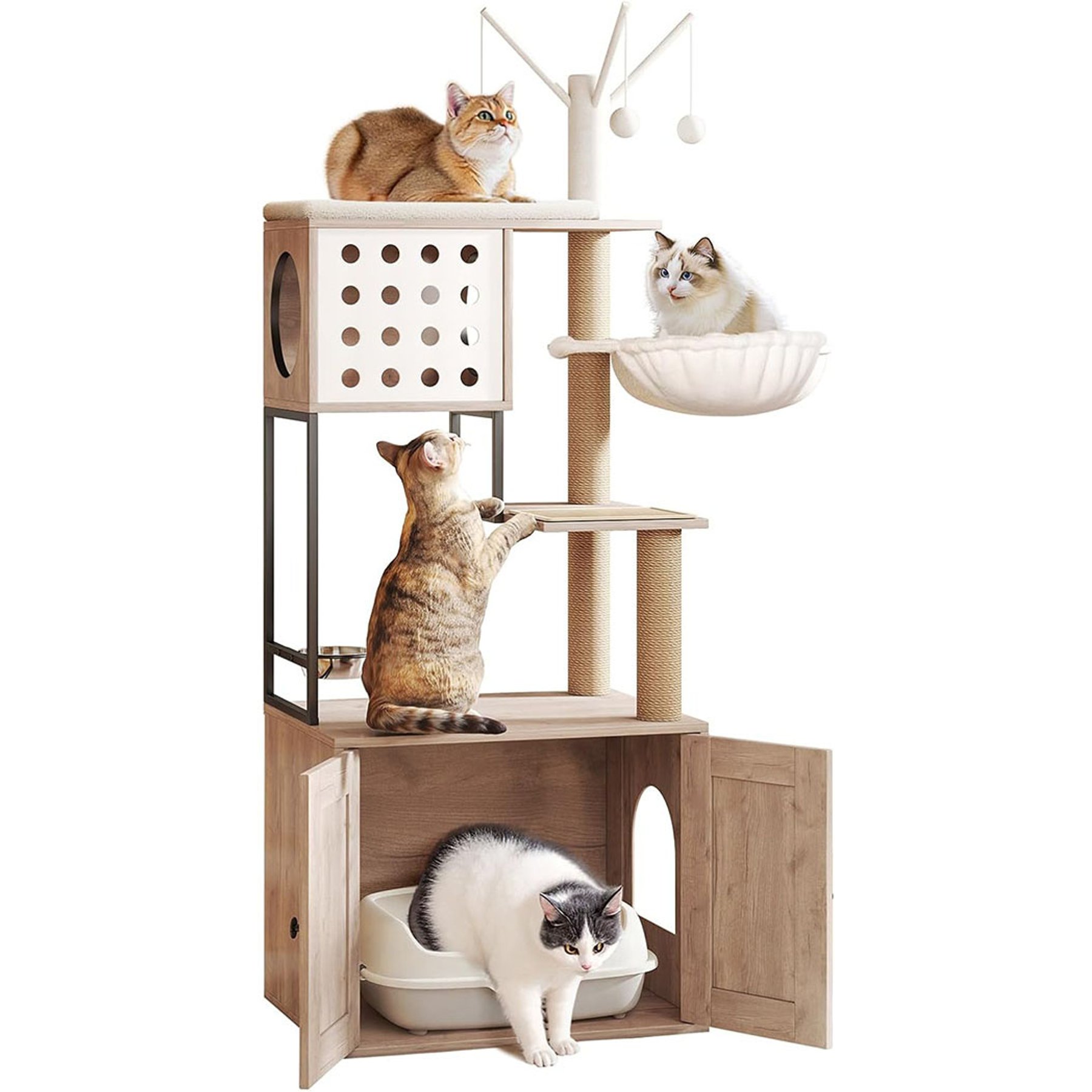 Yafylly Cat Tree with Scratching Posts & Litter Box Enclosure, White/Gray, Large