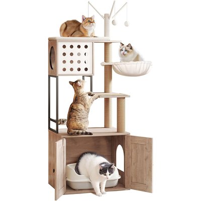 Yafylly Yafylly Cat Tree with Scratching Posts & Litter Box Enclosure, White/Gray, Large