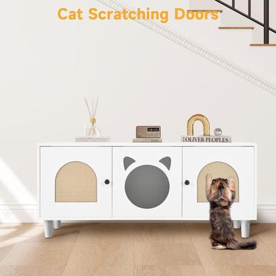 Show full view: Yafylly Wood Cat Cabinet with Sisal Cat Scratcher, Cream White, Large slide 7 of 8