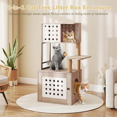 Show full view: Yafylly 2-in-1 Cat Tree with Litter Box Enclosure, White/Gray, Large slide 7 of 7