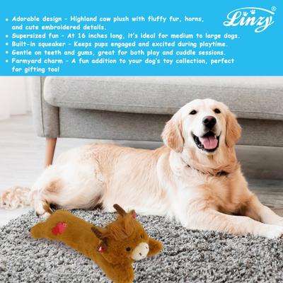Show full view: Linzy Toys Highland Cow Squeaky Dog Plush Toy, Brown, 16-in slide 5 of 6