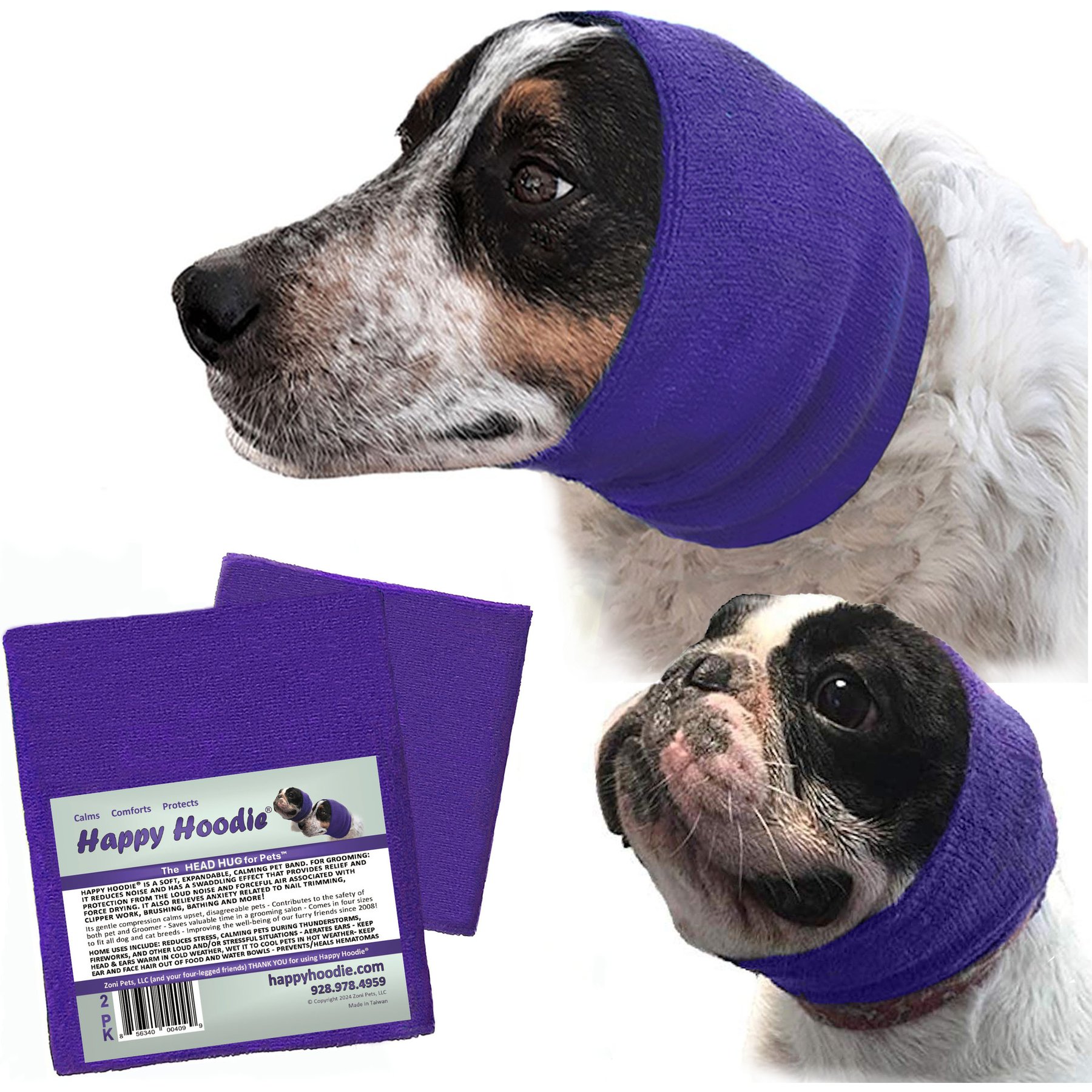 Happy Hoodie Thunder Grooming Fireworks Calming Band for Dogs & Cats, Small & Large, 2 count, Purple