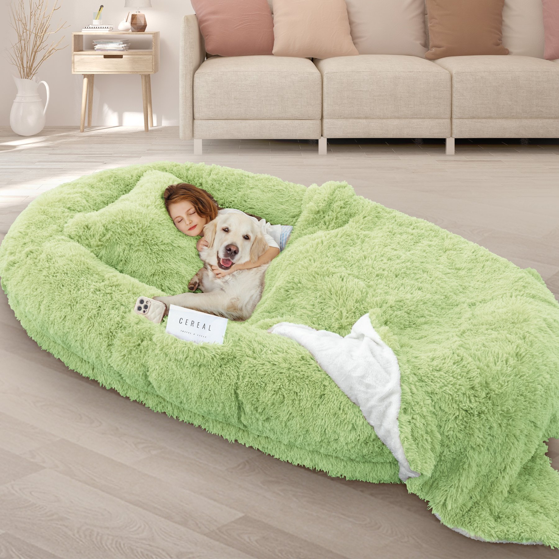 LovMor 10-cm Thick Memory Foam Oversize Human Dog Bed with Plump Pillow & Removable Cover, 78 x 51 x 12-in, Green