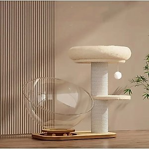 NonoPets Solid Wood Cat Tree Climbing Frame with Acrylic Spacecraft Nest, Beige