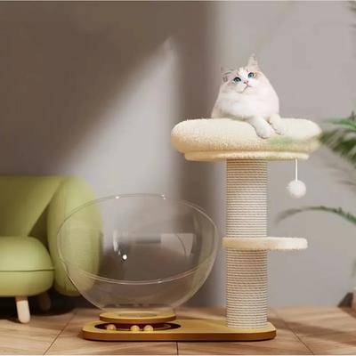 Show full view: NonoPets Solid Wood Cat Tree Climbing Frame with Acrylic Spacecraft Nest, Beige slide 2 of 6