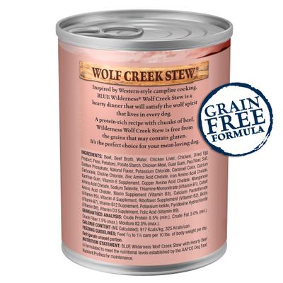 Show full view: Blue Buffalo Wilderness Wolf Creek Stew High-Protein & Grain-Free Hearty Beef in Gravy Wet Dog Food, 12.5-oz can, 3 count slide 3 of 12