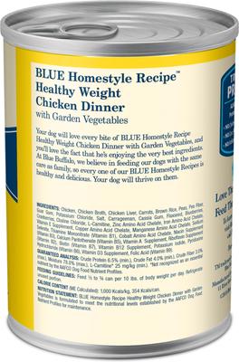 Show full view: Blue Buffalo Homestyle Recipe Healthy Weight Chicken Dinner with Garden Vegetables & Brown Rice Canned Dog Food, 12.5-oz can, 3 count slide 3 of 12