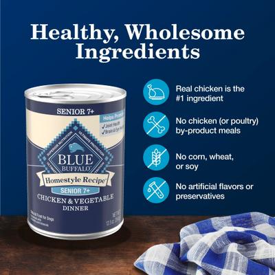 Show full view: Blue Buffalo Homestyle Recipe Chicken Dinner with Garden Vegetables Senior Wet Dog Food, 12.5-oz can, 3 count slide 7 of 12