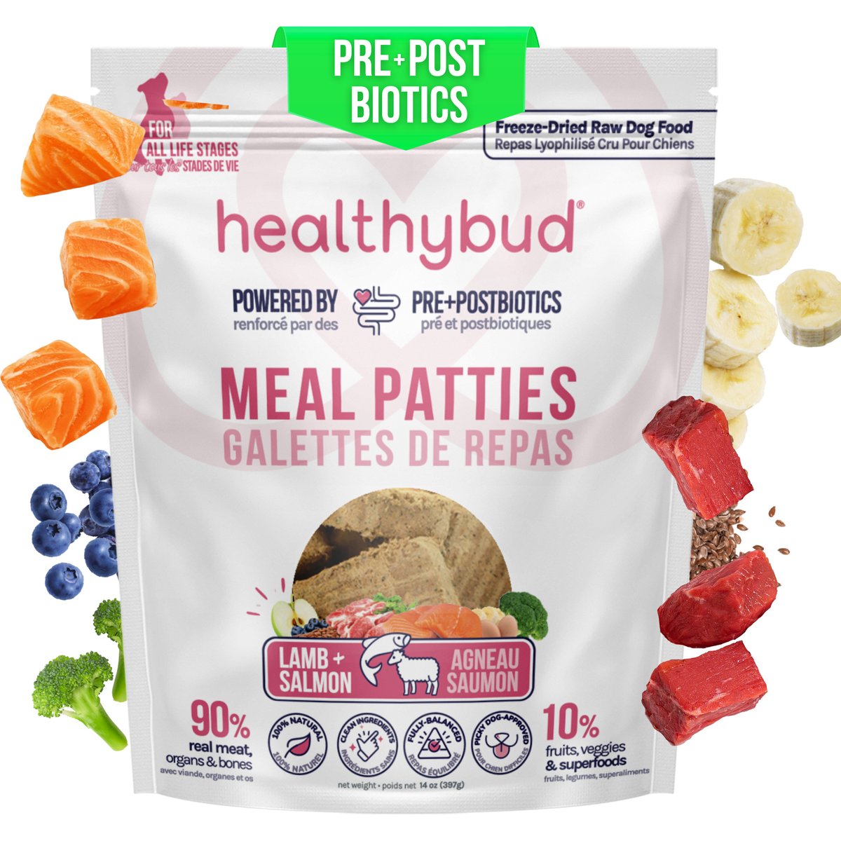 Healthybud Lamb & Salmon Patties Freeze-Dried Raw Dog Food Rehydratable Square Meals, 14-oz bag