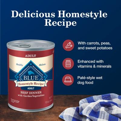 Show full view: Blue Buffalo Homestyle Recipe Beef Dinner with Garden Vegetables & Sweet Potatoes Canned Dog Food, 12.5-oz can, 3 count slide 5 of 12