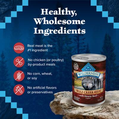 Show full view: Blue Buffalo Wilderness Wolf Creek Stew High-Protein & Grain-Free Hearty Beef in Gravy Wet Dog Food, 12.5-oz can, 3 count slide 7 of 12