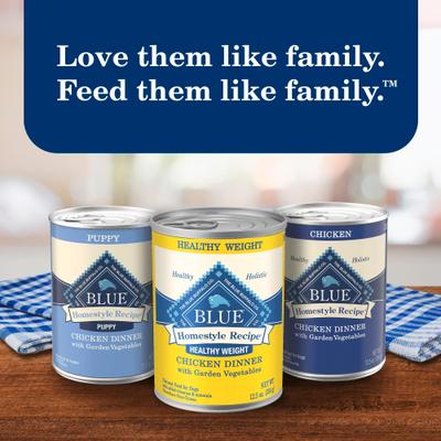 Show full view: Blue Buffalo Homestyle Recipe Healthy Weight Chicken Dinner with Garden Vegetables & Brown Rice Canned Dog Food, 12.5-oz can, 3 count slide 10 of 12