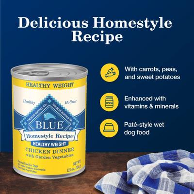 Show full view: Blue Buffalo Homestyle Recipe Healthy Weight Chicken Dinner with Garden Vegetables & Brown Rice Canned Dog Food, 12.5-oz can, 3 count slide 5 of 12
