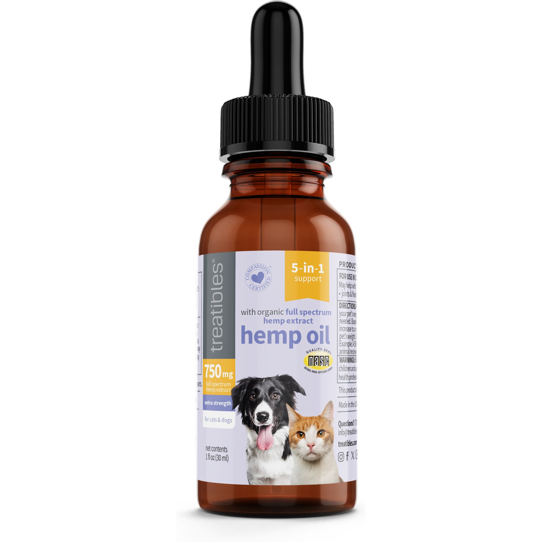 Treatibles Extra Strength Oil Dropper 750-mg Full Spectrum Hemp Extract All Species Liquid Calming Supplement for Dogs & Cats, 1-fl oz bottle