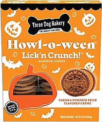 Three Dog Bakery Howl-O-Ween Lick'n Crunch Carob & Pumpkin Cookies Dog Treats, 13-oz bag