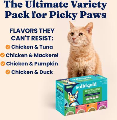 Show full view: Solid Gold Nature's Harmony Variety Pack Grain-Free Shreds in Gravy Wet Cat Food, 3-oz can, case of 12 slide 4 of 8