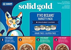 Solid Gold Five Oceans Variety Pack Grain-Free Shreds in Gravy Wet Cat Food, 3-oz can, case of 12