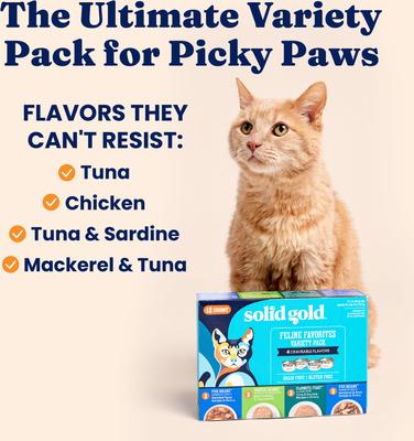 Show full view: Solid Gold Feline Favorites Variety Pack Grain-Free Wet Cat Food, 3-oz can, case of 12 slide 4 of 9