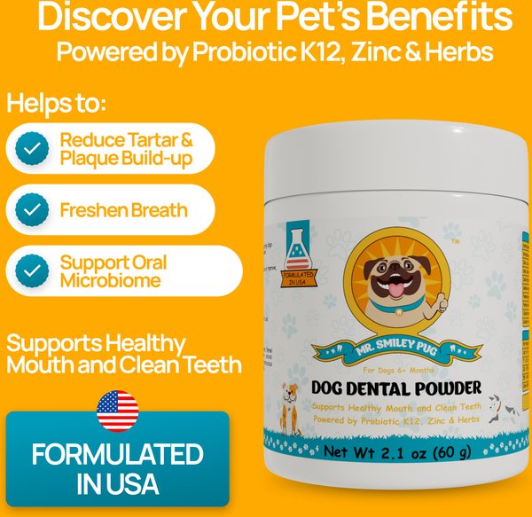 Mr. Smiley Pug Dental Powder for Dogs, 60-g jar