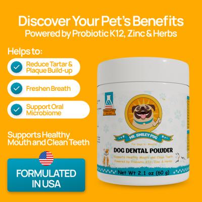 Show full view: Mr. Smiley Pug Dental Powder for Dogs, 60-g jar slide 3 of 9
