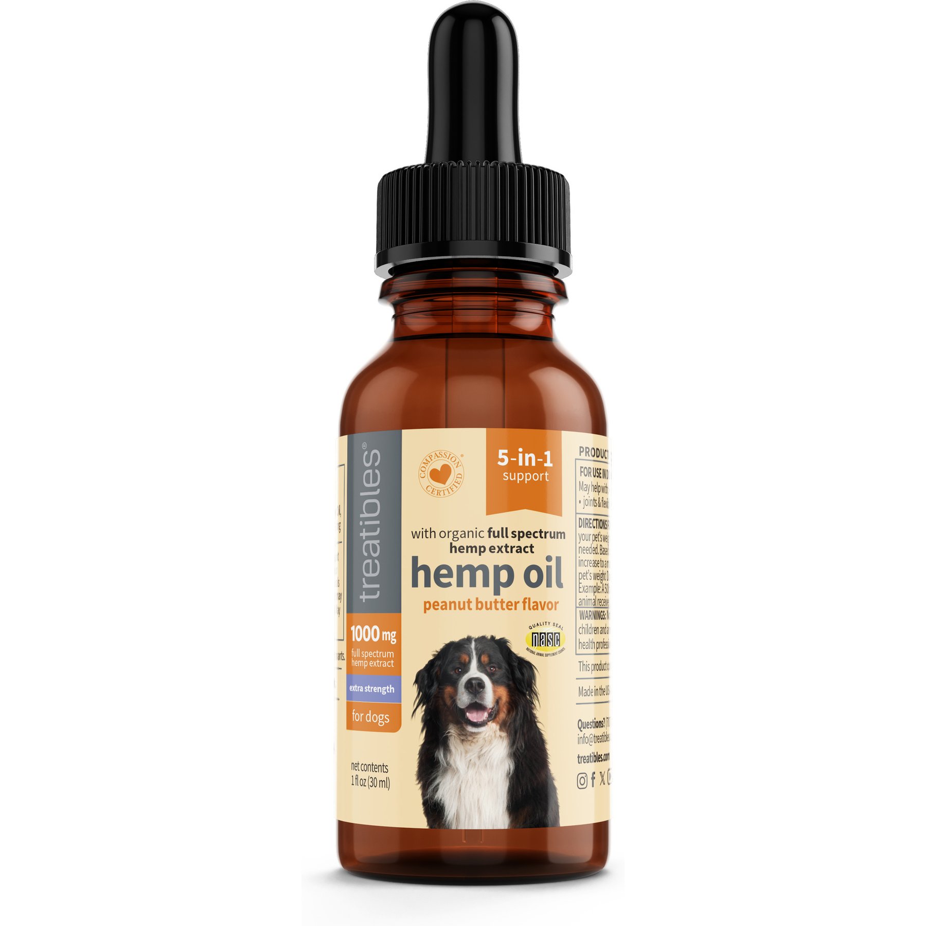 Treatibles Extra Stength Oil Dropper 1000-mg Full Spectrum Hemp Extract Canine Peanut Butter Flavored Liquid Calming Supplement for Dogs, 1-fl oz bottle