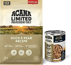ACANA Premium Chunks Duck Recipe in Bone Broth Wet Food + Singles Limited Ingredient Duck & Pear Dry Dog Food