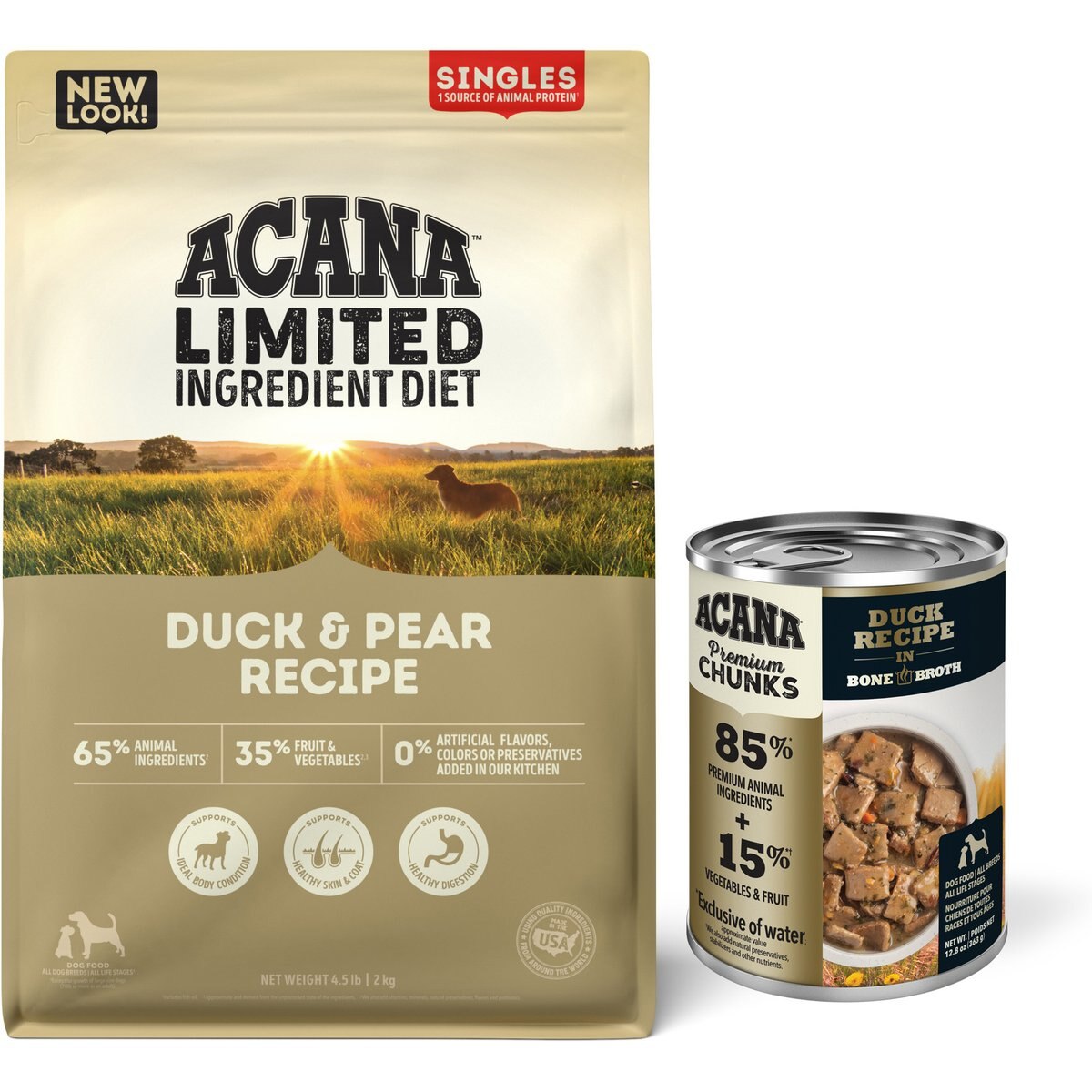 ACANA Premium Chunks Duck Recipe in Bone Broth Wet Food + Singles Limited Ingredient Duck & Pear Dry Dog Food