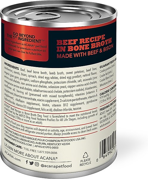 Show full view: ACANA Premium Chunks Beef in Bone Broth Grain-Free Wet Dog Food, 12.8-oz can, case of 12 slide 5 of 13