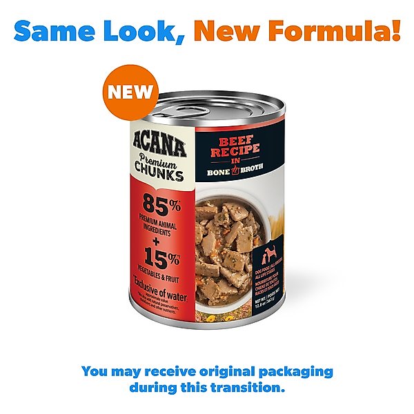 Show full view: ACANA Premium Chunks Beef in Bone Broth Grain-Free Wet Dog Food, 12.8-oz can, case of 12 slide 3 of 13