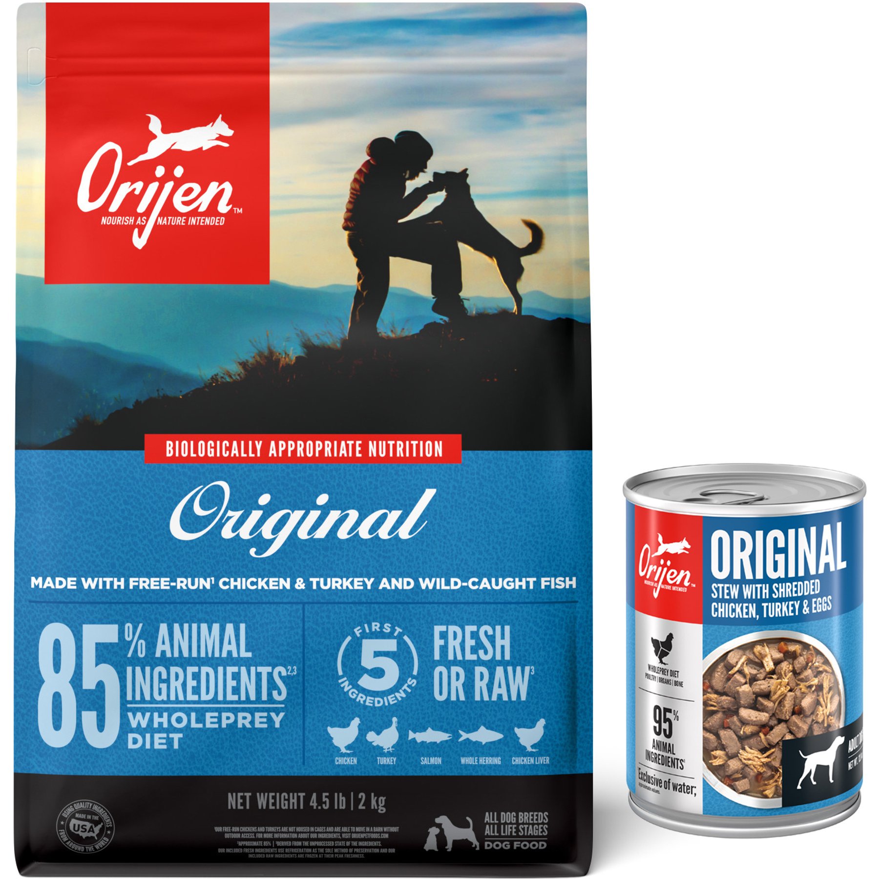 ORIJEN Real Meat Shreds Original Stew Wet Food + Original Dry Dog Food