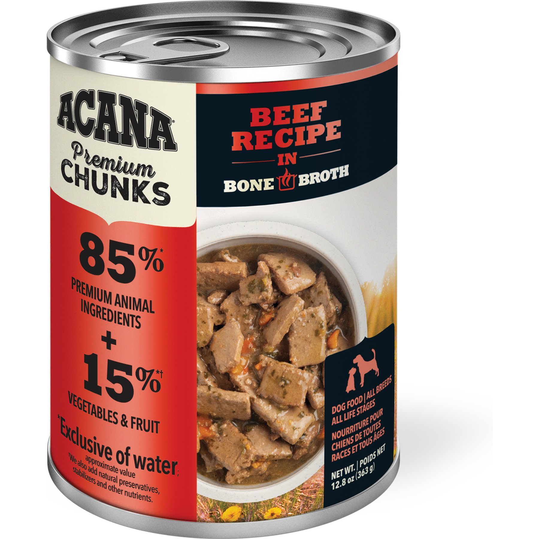 ACANA Premium Chunks Beef in Bone Broth Grain-Free Wet Dog Food, 12.8-oz can, case of 4