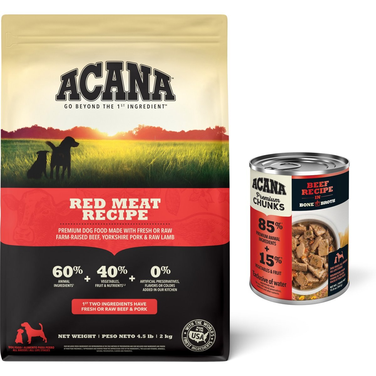 ACANA Premium Chunks Beef Recipe in Bone Broth Wet Food + Red Meat Recipe Dry Dog Food