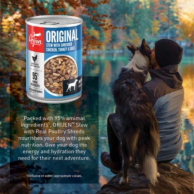 Show full view: ORIJEN Real Meat Shreds Original Stew Wet Dog Food, 12.8-oz can, case of 12 slide 8 of 12