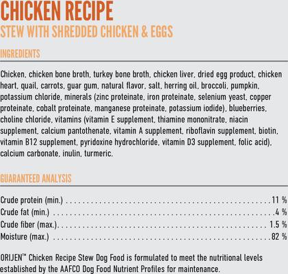 Show full view: ORIJEN Real Meat Shreds Chicken Stew Wet Dog Food, 12.8-oz can, case of 12 slide 9 of 12