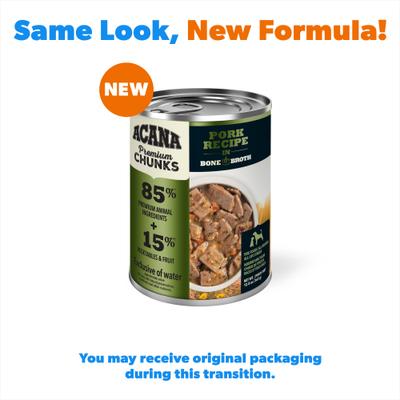 Show full view: ACANA Premium Chunks Pork in Bone Broth Grain-Free Wet Dog Food, 12.8-oz can, case of 12 slide 3 of 13