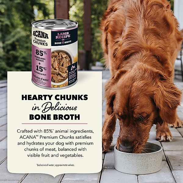 Show full view: ACANA Premium Chunks Lamb in Bone Broth Grain-Free Wet Dog Food, 12.8-oz can, case of 12 slide 9 of 13
