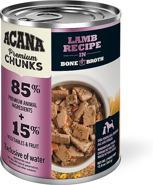 Show full view: ACANA Premium Chunks Lamb in Bone Broth Grain-Free Wet Dog Food, 12.8-oz can, case of 12 slide 1 of 13