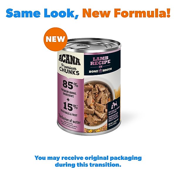 Show full view: ACANA Premium Chunks Lamb in Bone Broth Grain-Free Wet Dog Food, 12.8-oz can, case of 12 slide 3 of 13
