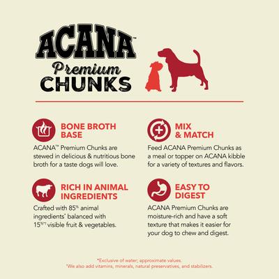 Show full view: ACANA Premium Chunks Beef in Bone Broth Grain-Free Wet Dog Food, 12.8-oz can, case of 12 slide 5 of 12