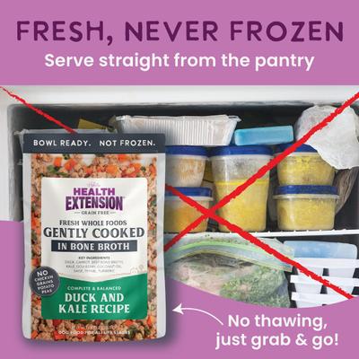 Show full view: Health Extension Gently Cooked Duck & Kale Recipe Wet Dog Food, 3-oz pouch, 10 count slide 6 of 10