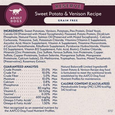 Show full view: Natural Balance Limited Ingredient Reserve Grain-Free Sweet Potato & Venison Recipe Dry Dog Food, 12-lb bag slide 7 of 11