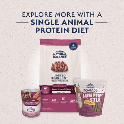 Show full view: Natural Balance Rewards Jumpin' Stix with Real Venison Treats + Limited Ingredient Reserve Sweet Potato & Venison Recipe Dry Dog Food slide 5 of 9